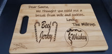 Load image into Gallery viewer, Whiskey and beef jerky for santa bamboo cutting board
