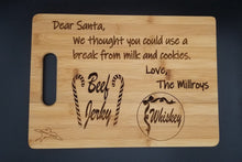 Load image into Gallery viewer, Whiskey and beef jerky for santa bamboo cutting board
