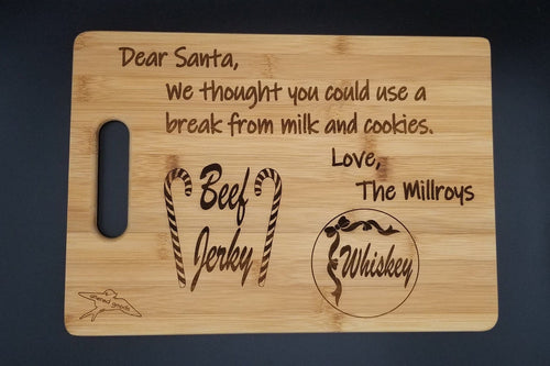 Whiskey and beef jerky for santa bamboo cutting board