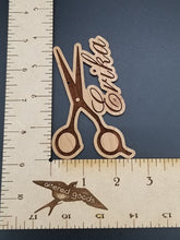 Load image into Gallery viewer, Hair stylist scissor custom name wood ornament
