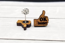 Load image into Gallery viewer, Ok boomer cherry wood earrings
