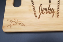 Load image into Gallery viewer, Whiskey and beef jerky for santa bamboo cutting board
