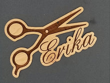 Load image into Gallery viewer, Hair stylist scissor custom name wood ornament
