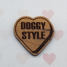 Load image into Gallery viewer, Valentine conversation hearts sexy, dirty, inappropriate, cheeky laser engraved wood earrings
