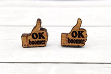 Load image into Gallery viewer, Ok boomer cherry wood earrings
