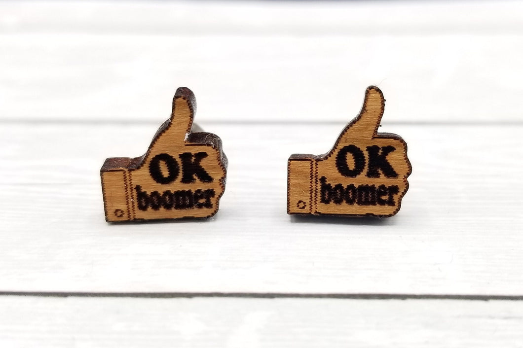 Ok boomer cherry wood earrings