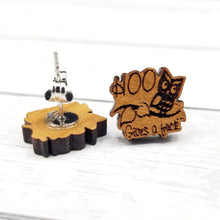 Load image into Gallery viewer, Hoo gives a fuck cherry wood earrings
