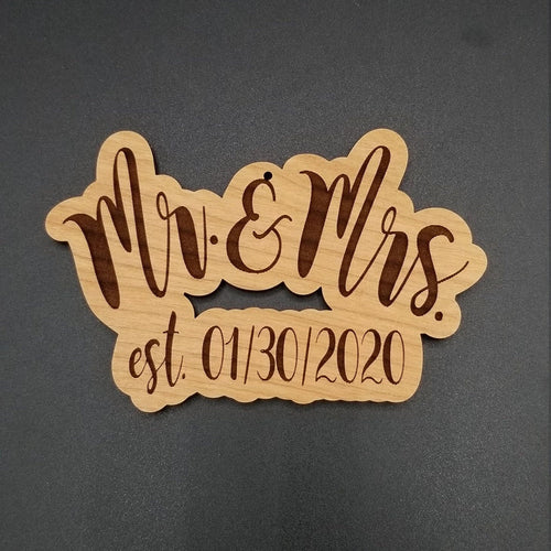 Mr & mrs hardwood ornament with wedding date