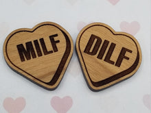 Load image into Gallery viewer, Valentine conversation hearts sexy, dirty, inappropriate, cheeky laser engraved wood earrings
