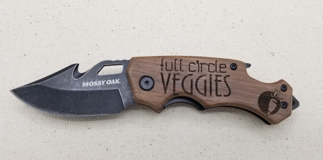 Custom laser engraved wood handle pocket knife