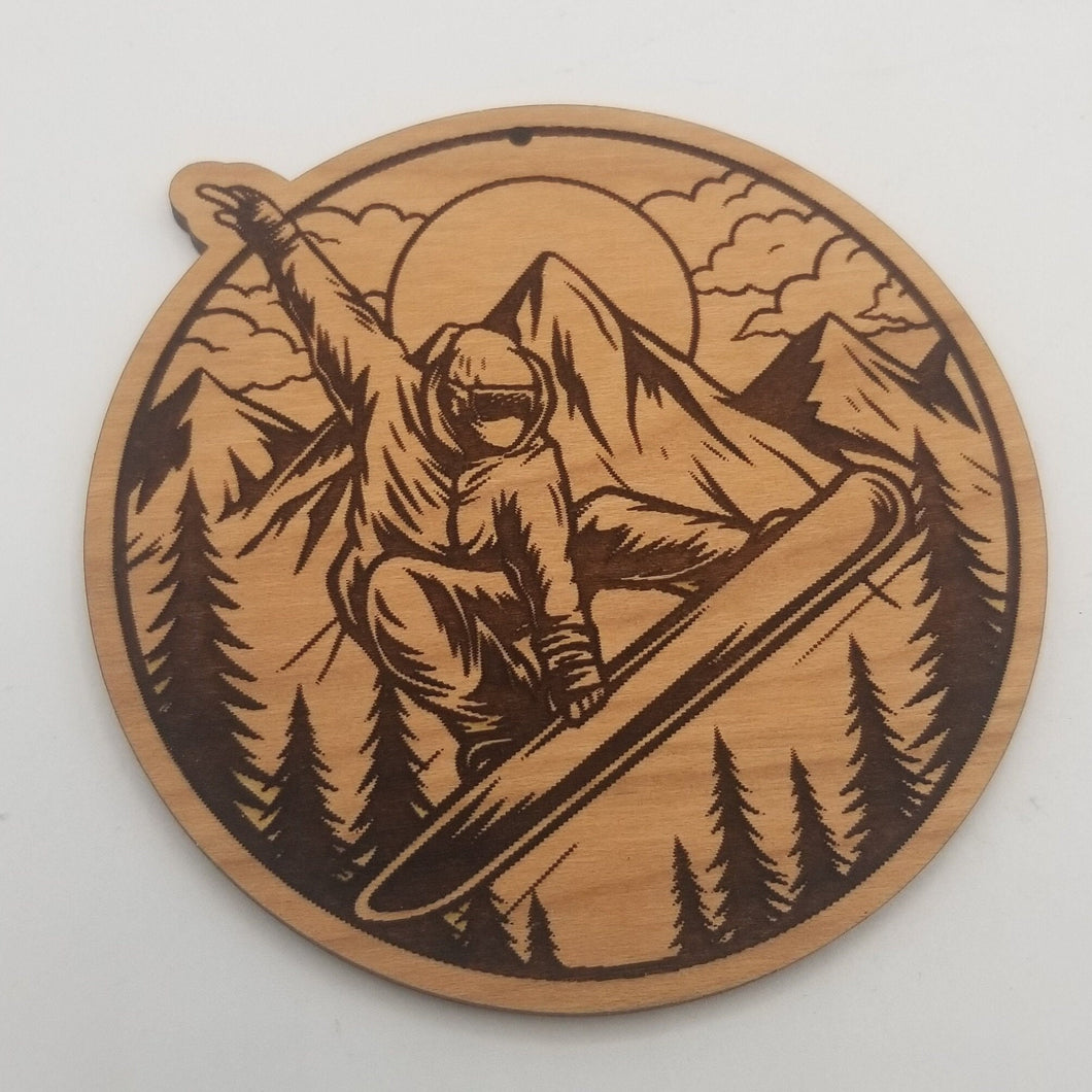 Snowboard laser engraved cherry wood christmas ornament