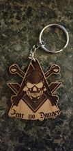 Load image into Gallery viewer, Fear no danger skull and square and compass freemason lodge keychain - Altered Goods
