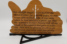 Load image into Gallery viewer, Three brothers Cherry wood sign with deathly Hallows base - Altered Goods
