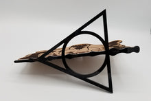 Load image into Gallery viewer, Three brothers Cherry wood sign with deathly Hallows base - Altered Goods
