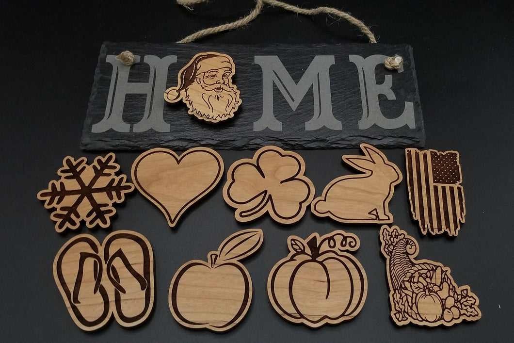 Slate home sign with interchangeable wooden seasonal cut outs - Altered Goods