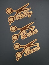 Load image into Gallery viewer, Hair stylist scissor custom name wood ornament - Altered Goods
