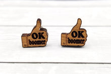 Load image into Gallery viewer, Ok boomer cherry wood earrings - Altered Goods
