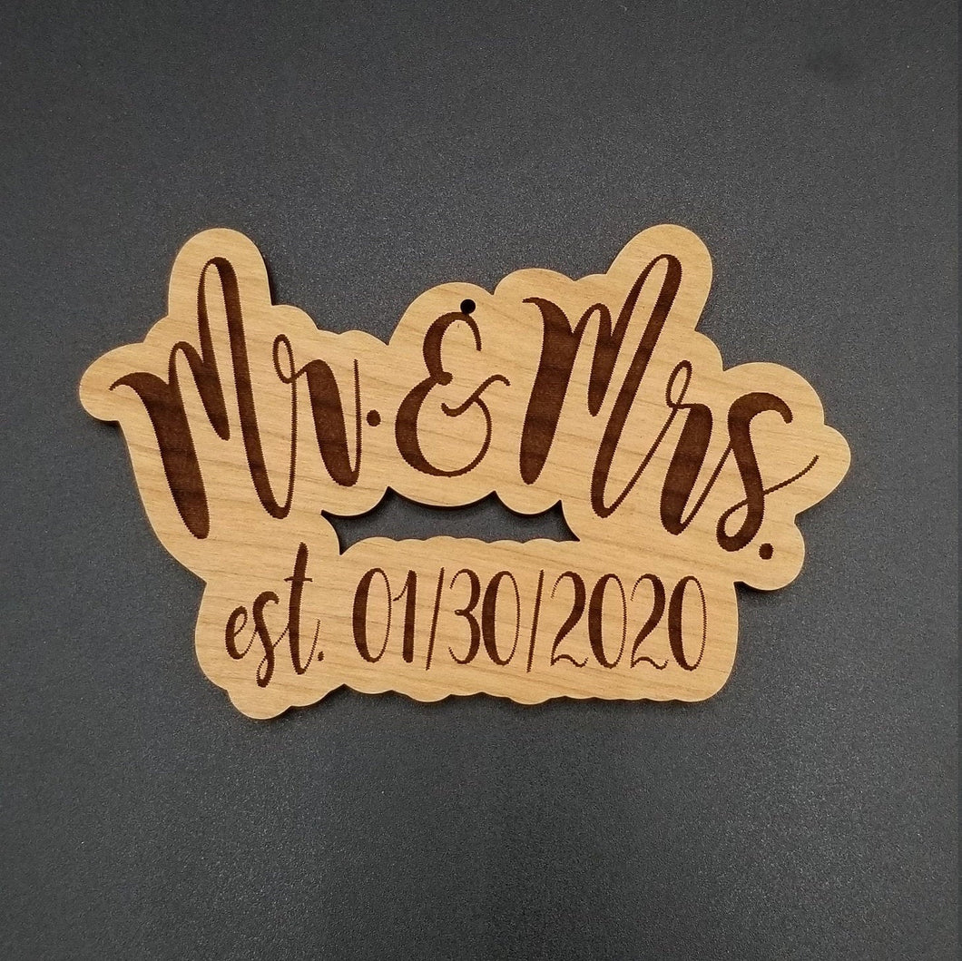 Mr & mrs hardwood ornament with wedding date - Altered Goods