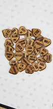 Load image into Gallery viewer, Valentine conversation hearts sexy, dirty, inappropriate, cheeky laser engraved wood coin, magnet or earrings - Altered Goods
