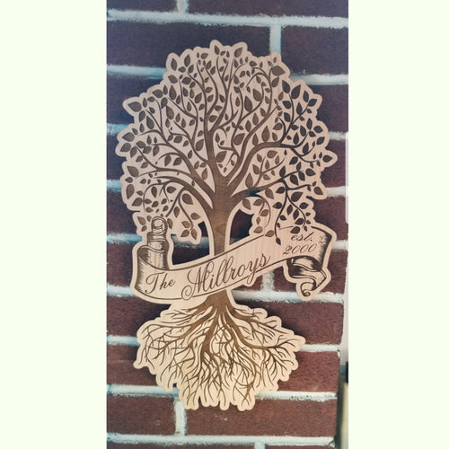 Tree of life last name laser engraved cherry plywood sign - Altered Goods