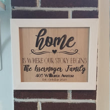 Load image into Gallery viewer, Home is where our story begins custom name and address wooden frame sign
