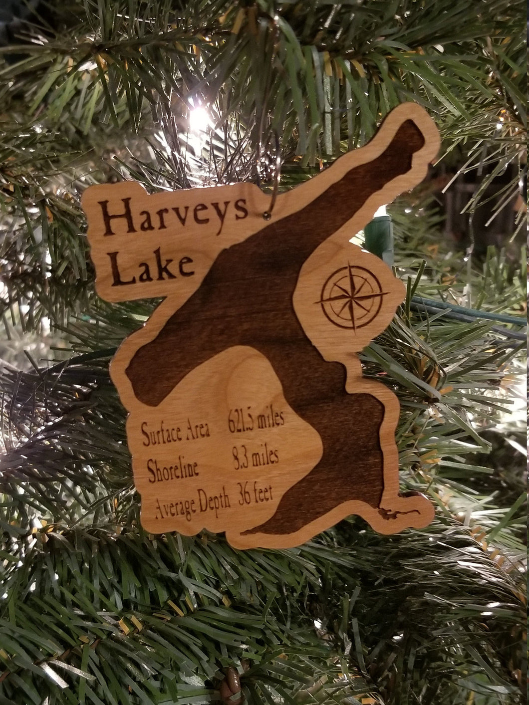 Harveys lake laser engraved cherry wood christmas ornament