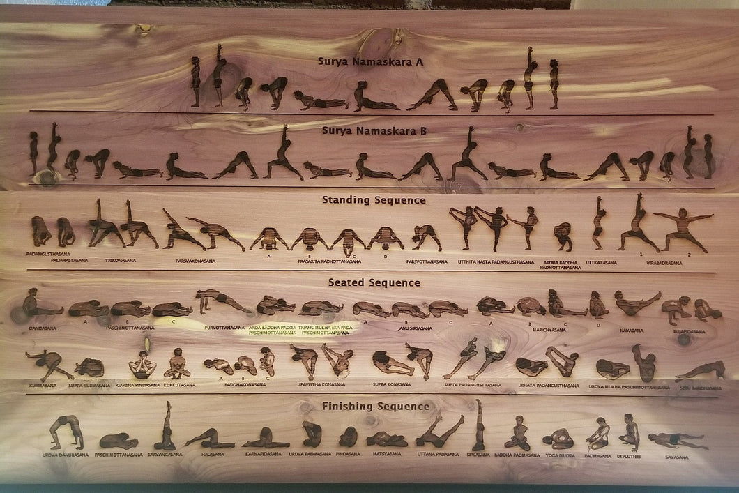 Ashtanga yoga primary series chart laser engraved cedar plywood sign