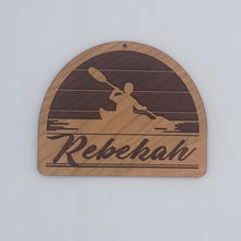 Load image into Gallery viewer, Personalized kayaking laser engraved cherry wood christmas ornament
