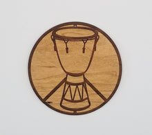 Load image into Gallery viewer, Djembe peace sign laser engraved cherry wood christmas ornament
