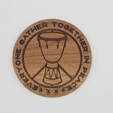 Load image into Gallery viewer, Djembe everyone gather together in peace sign laser engraved cherry wood christmas ornament
