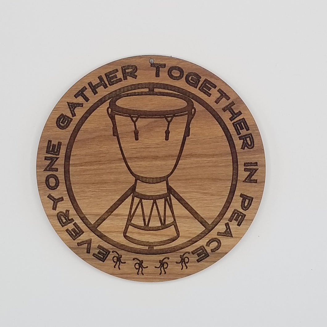 Djembe everyone gather together in peace sign laser engraved cherry wood christmas ornament