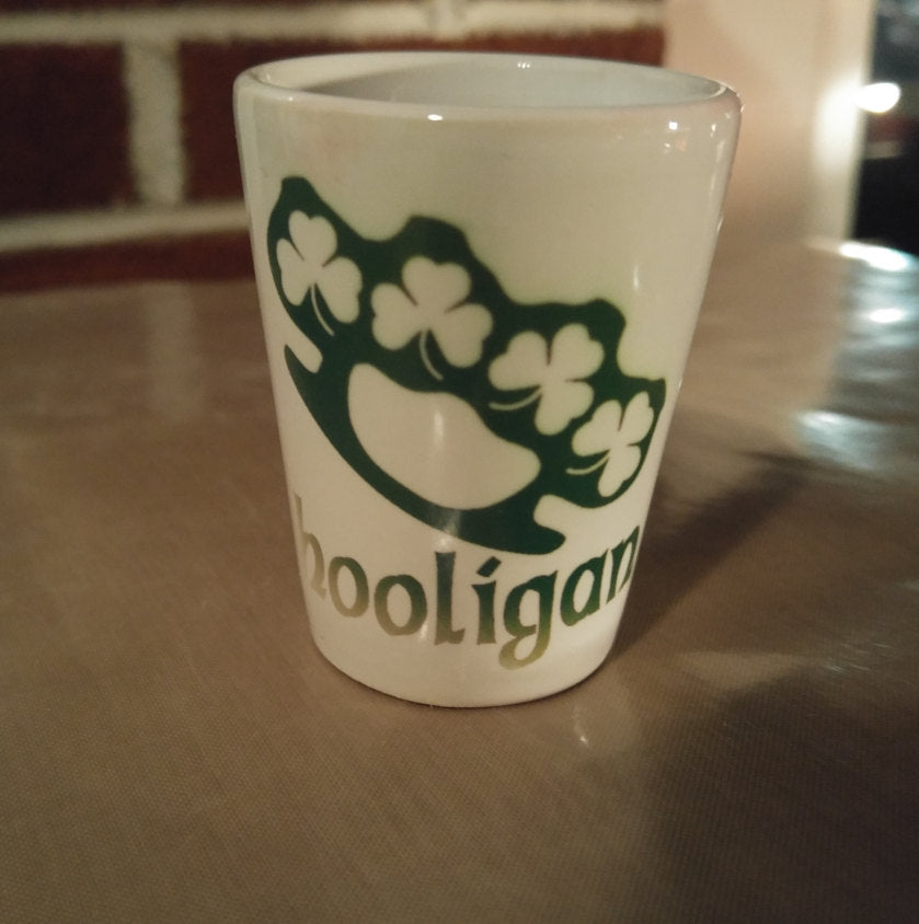 Hooligan brass knuckle shamrock shot glass - Altered Goods